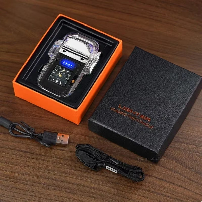 Waterproof USB Plasma Rechargeable Lighter Watch - Windproof Outdoor Cigarette Lighter Gift for Men